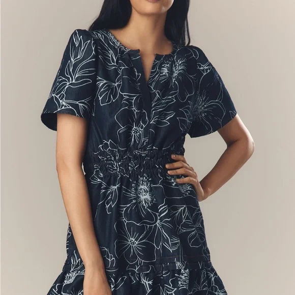Anthropologie Denim Navy Floral Mini Dress - Picture 1 of 6